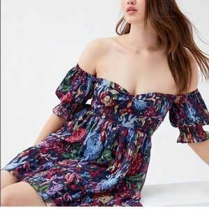 Urban Outfitters Mimi Mini Smocked Off-Shoulder Sundress in Floral Metallic